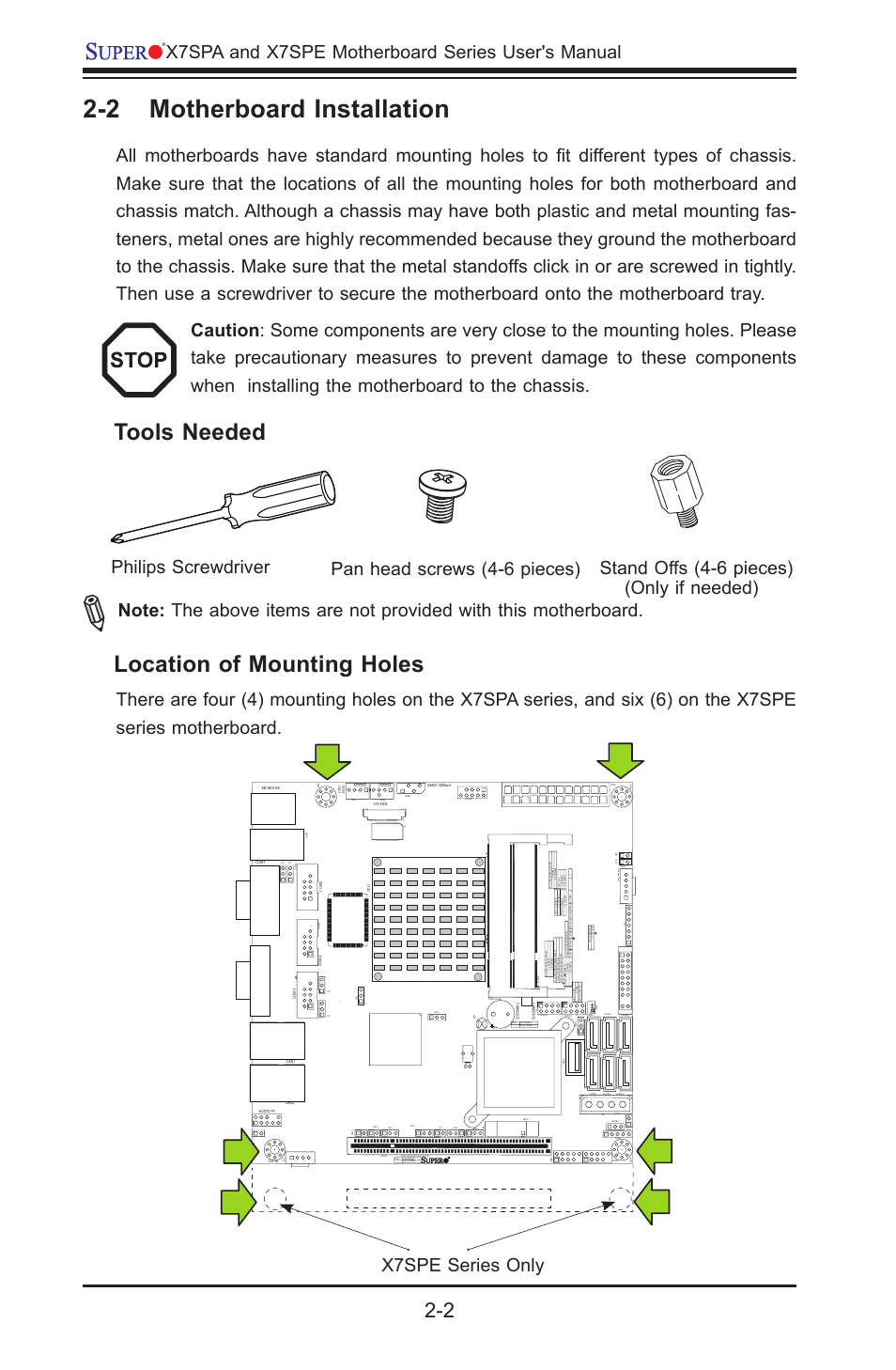 2 motherboard installation, Tools needed, Location of mounting holes | X7spa and x7spe motherboard series user's manual, Philips screwdriver pan head screws (4-6 pieces) | SUPER MICRO Computer SUPER X7SPE-HF-D525 User Manual | Page 40 / 107