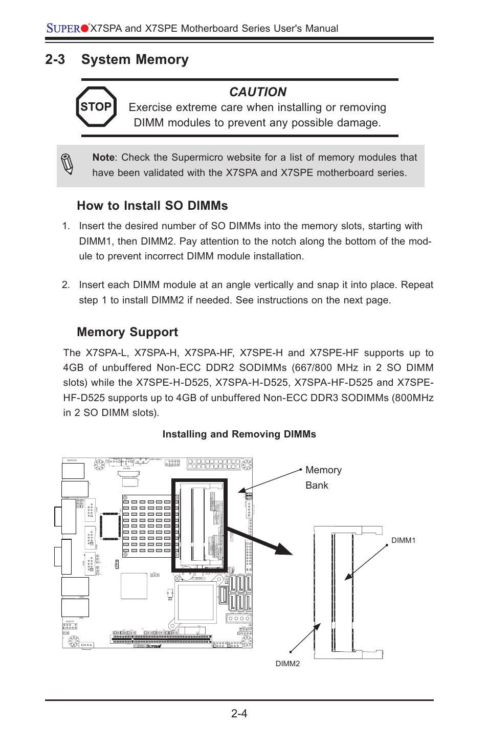 Caution, How to install so dimms, Dimm1 dimm2 | SUPER MICRO Computer SUPER X7SPE-HF-D525 User Manual | Page 42 / 107