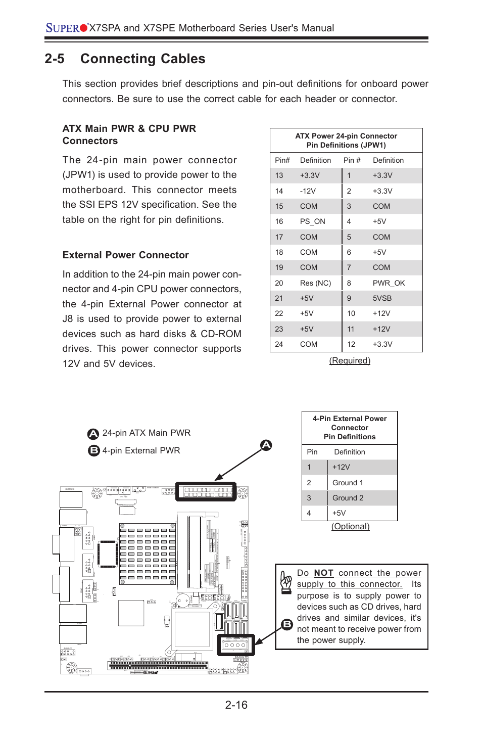 5 connecting cables, X7spa and x7spe motherboard series user's manual, Pin atx main pwr 4-pin external pwr a b | Optional) (required) | SUPER MICRO Computer SUPER X7SPE-HF-D525 User Manual | Page 54 / 107