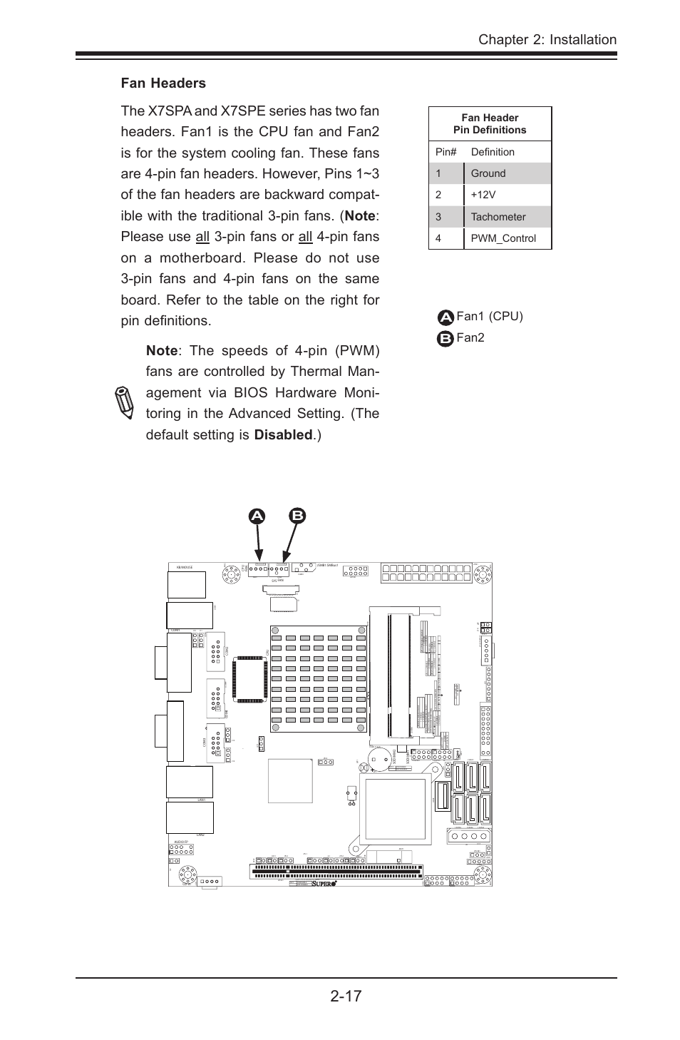 Chapter 2: installation, Ab fan1 (cpu) fan2 a b | SUPER MICRO Computer SUPER X7SPE-HF-D525 User Manual | Page 55 / 107