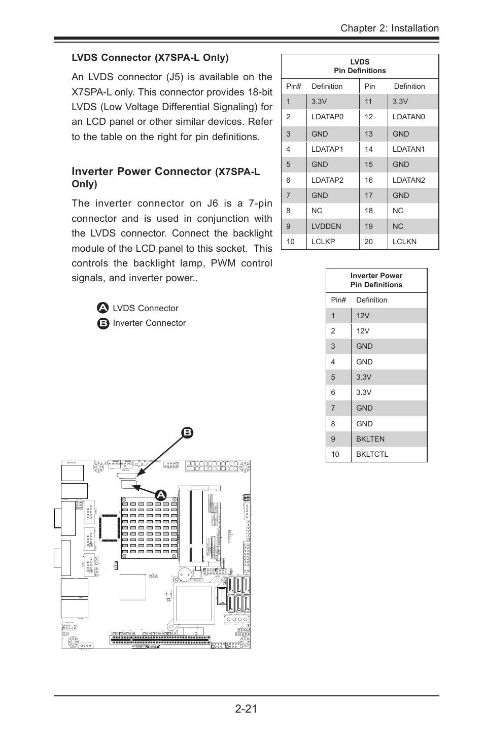 Inverter power connector, Chapter 2: installation, Lvds connector inverter connector a b b | SUPER MICRO Computer SUPER X7SPE-HF-D525 User Manual | Page 59 / 107