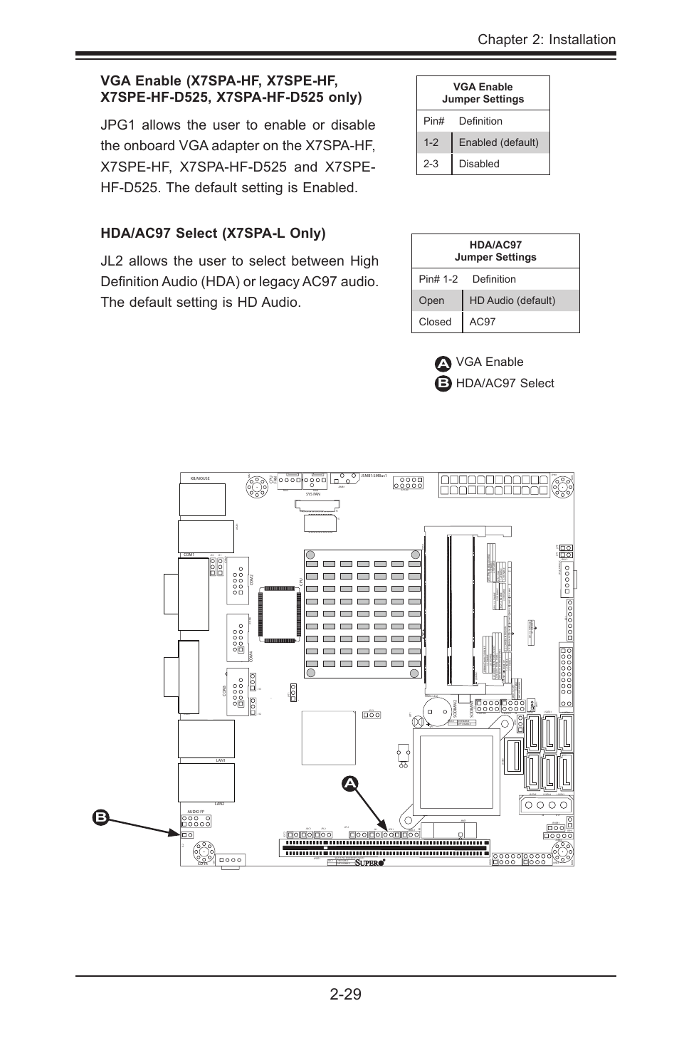 Chapter 2: installation, Ab a vga enable hda/ac97 select b | SUPER MICRO Computer SUPER X7SPE-HF-D525 User Manual | Page 67 / 107