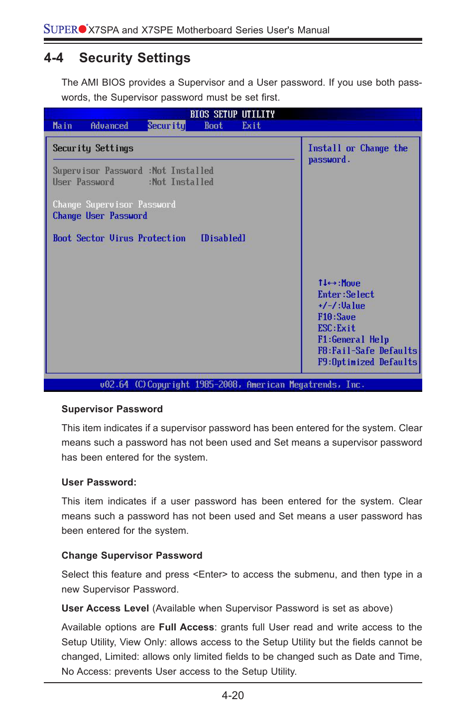 4 security settings | SUPER MICRO Computer SUPER X7SPE-HF-D525 User Manual | Page 96 / 107