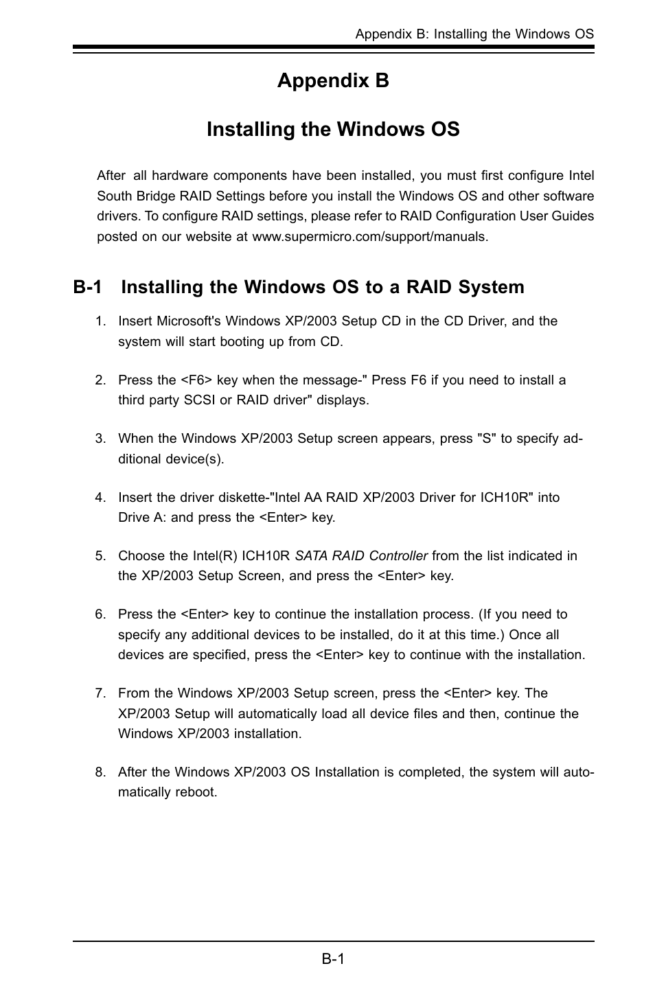 Appendix b installing the windows os, B-1 installing the windows os to a raid system | SUPER MICRO Computer X8STI-F User Manual | Page 101 / 109