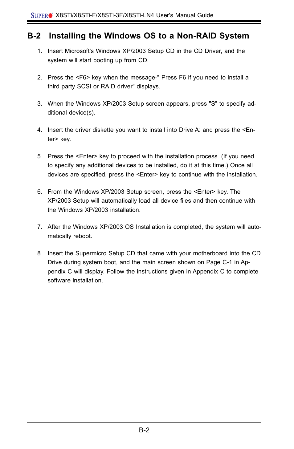 B-2 installing the windows os to a non-raid system | SUPER MICRO Computer X8STI-F User Manual | Page 102 / 109