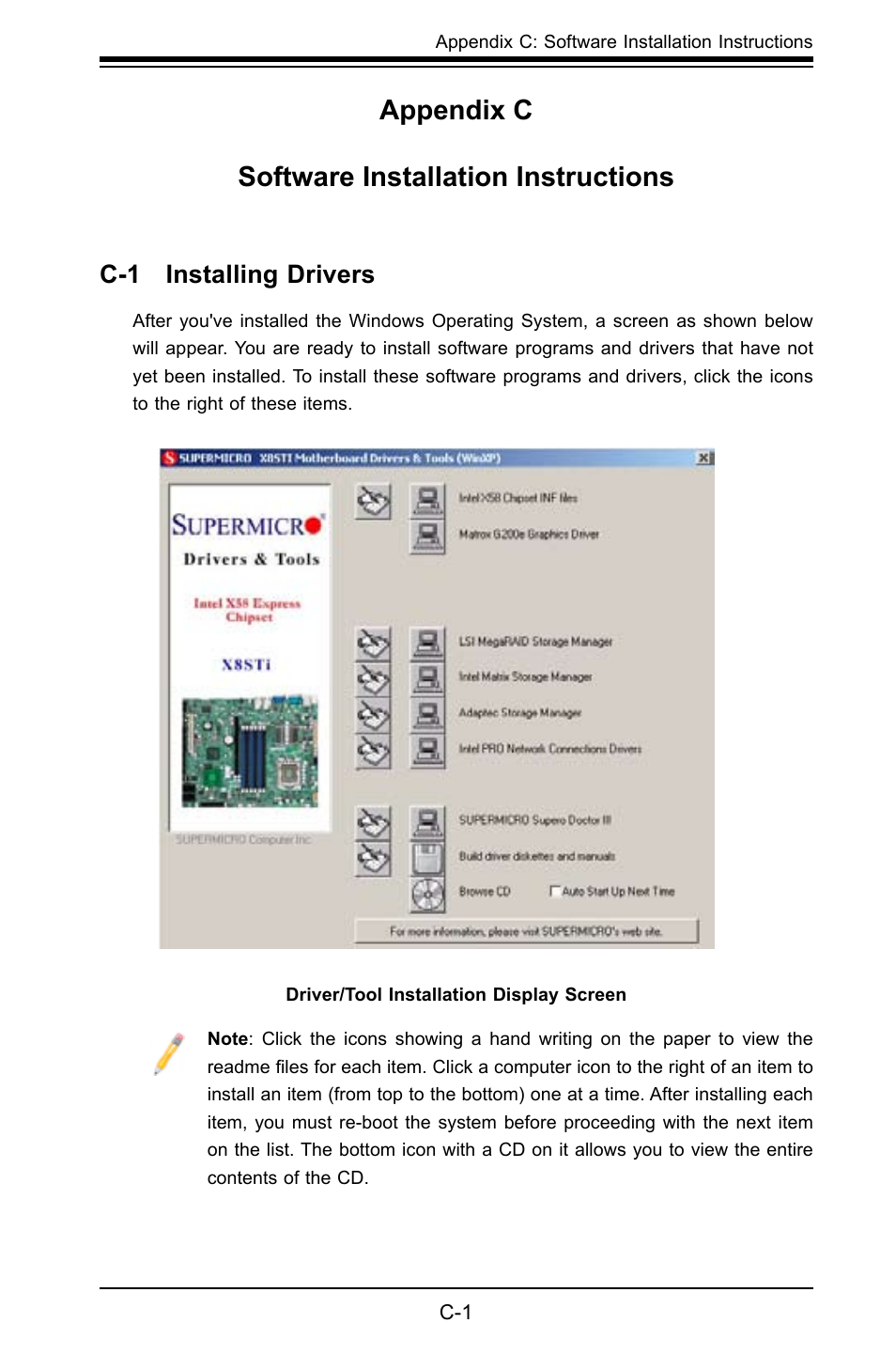 Appendix c software installation instructions | SUPER MICRO Computer X8STI-F User Manual | Page 103 / 109