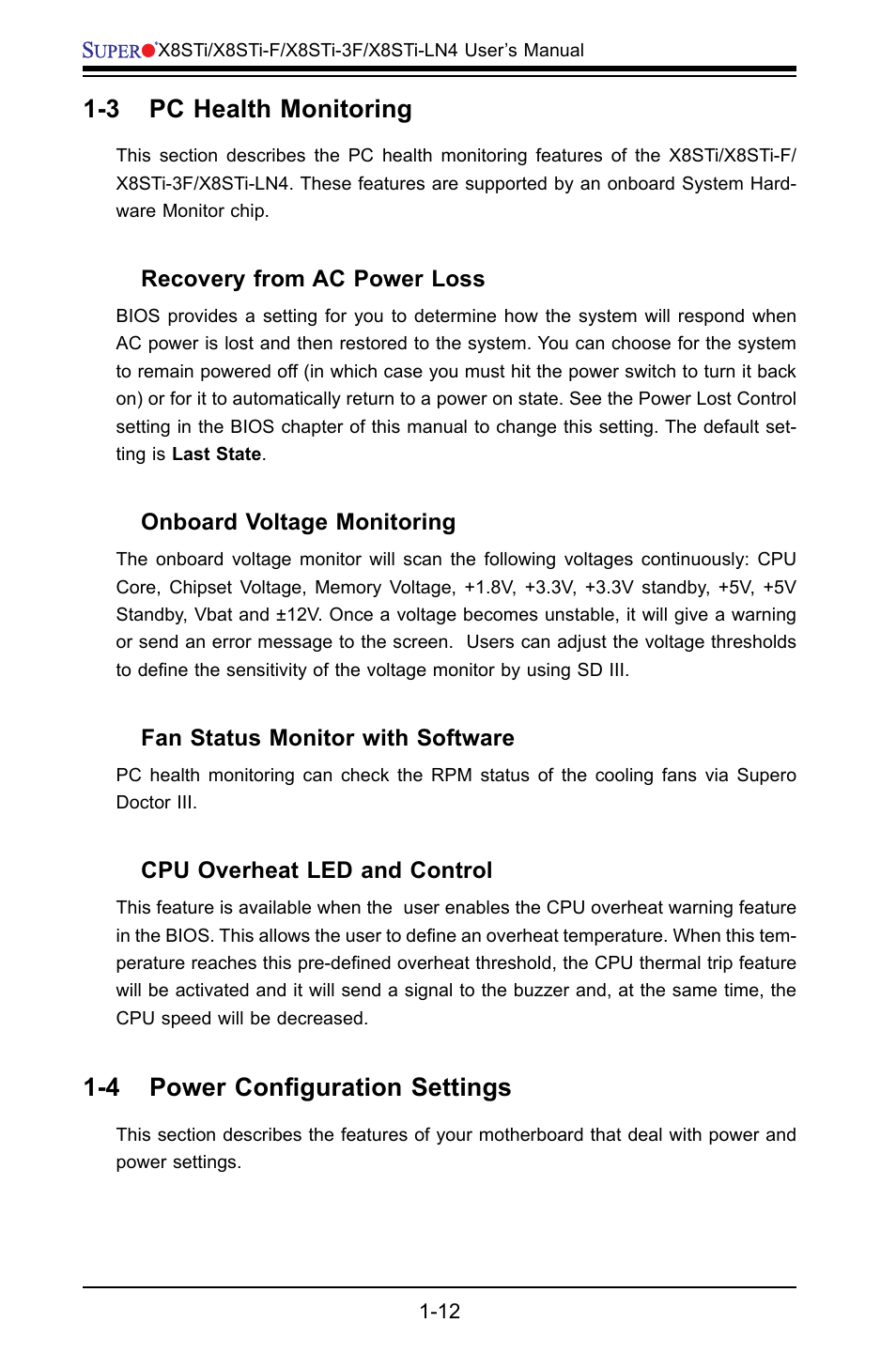 3 pc health monitoring, 4 power configuration settings | SUPER MICRO Computer X8STI-F User Manual | Page 20 / 109