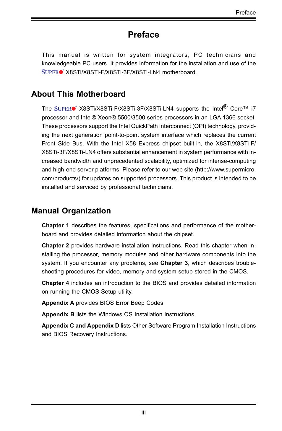 Preface, About this motherboard, Manual organization | SUPER MICRO Computer X8STI-F User Manual | Page 3 / 109