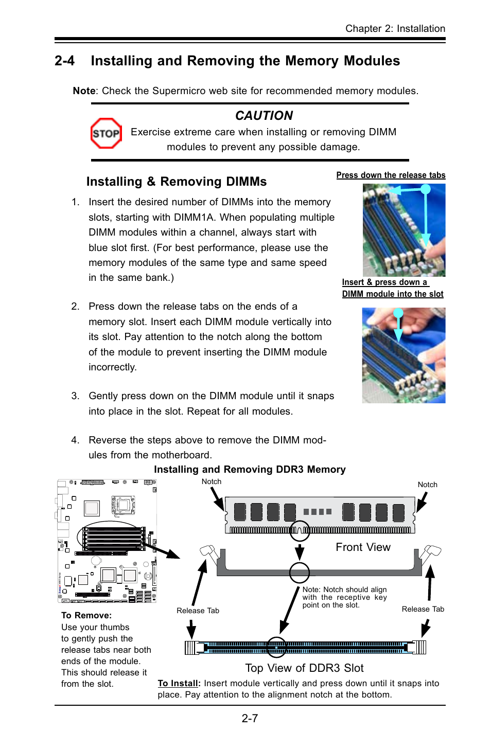 Caution, Installing & removing dimms, Top view of ddr3 slot | Front view | SUPER MICRO Computer X8STI-F User Manual | Page 31 / 109