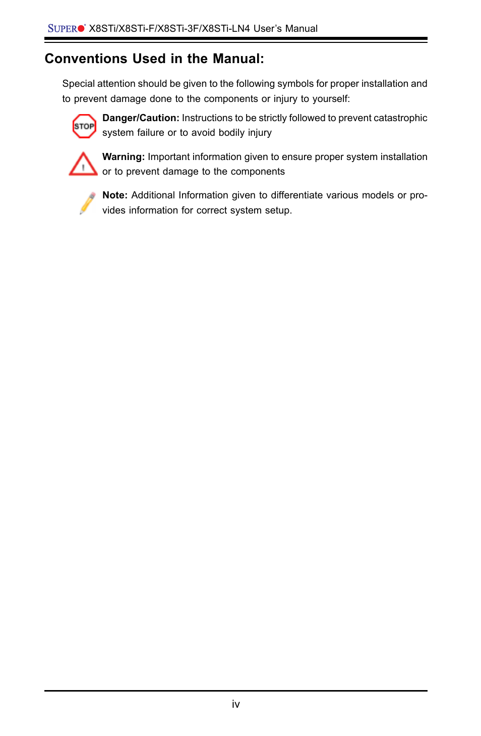 Conventions used in the manual | SUPER MICRO Computer X8STI-F User Manual | Page 4 / 109