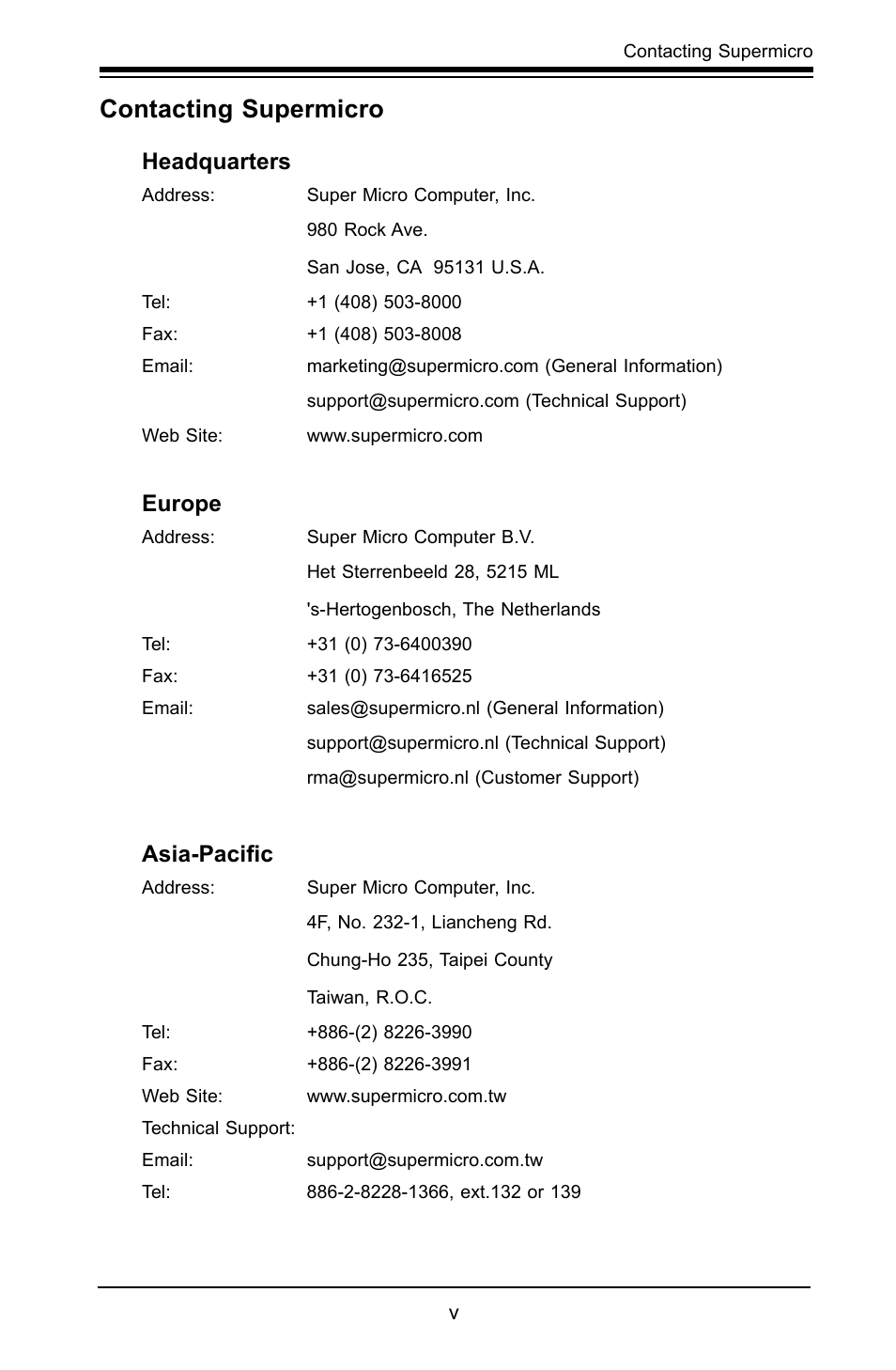 Contacting supermicro, Headquarters, Europe | Asia-pacific | SUPER MICRO Computer X8STI-F User Manual | Page 5 / 109