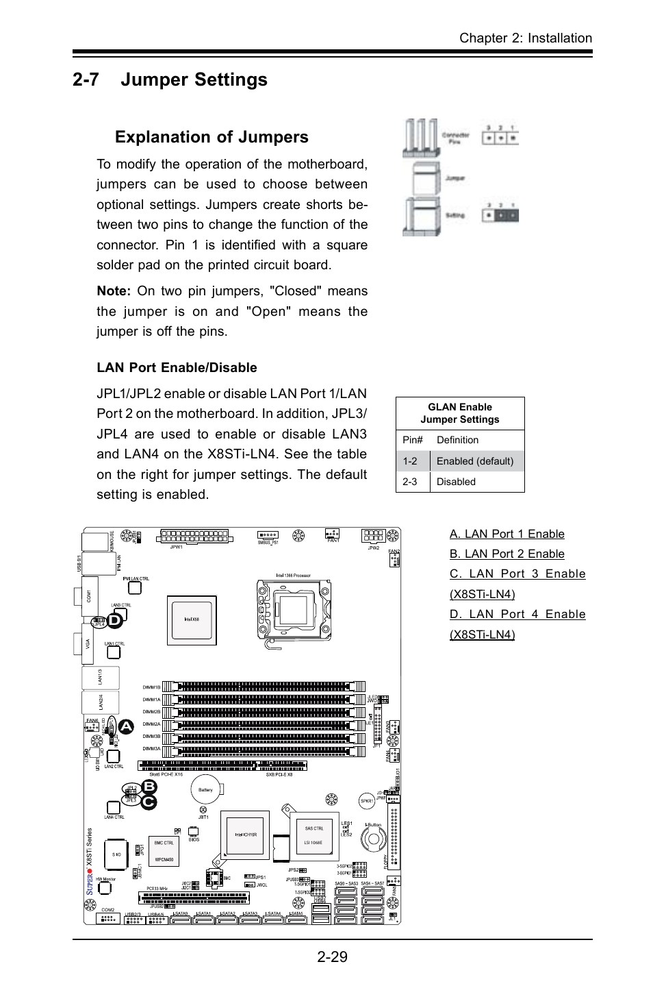 7 jumper settings, Explanation of jumpers | SUPER MICRO Computer X8STI-F User Manual | Page 53 / 109