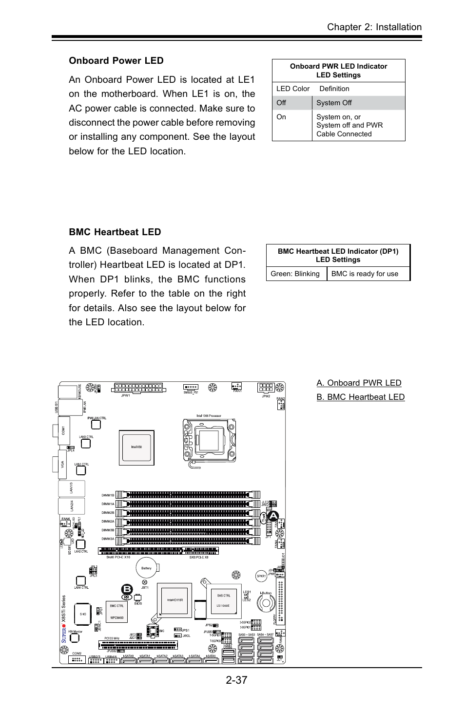 Chapter 2: installation, Onboard power led | SUPER MICRO Computer X8STI-F User Manual | Page 61 / 109