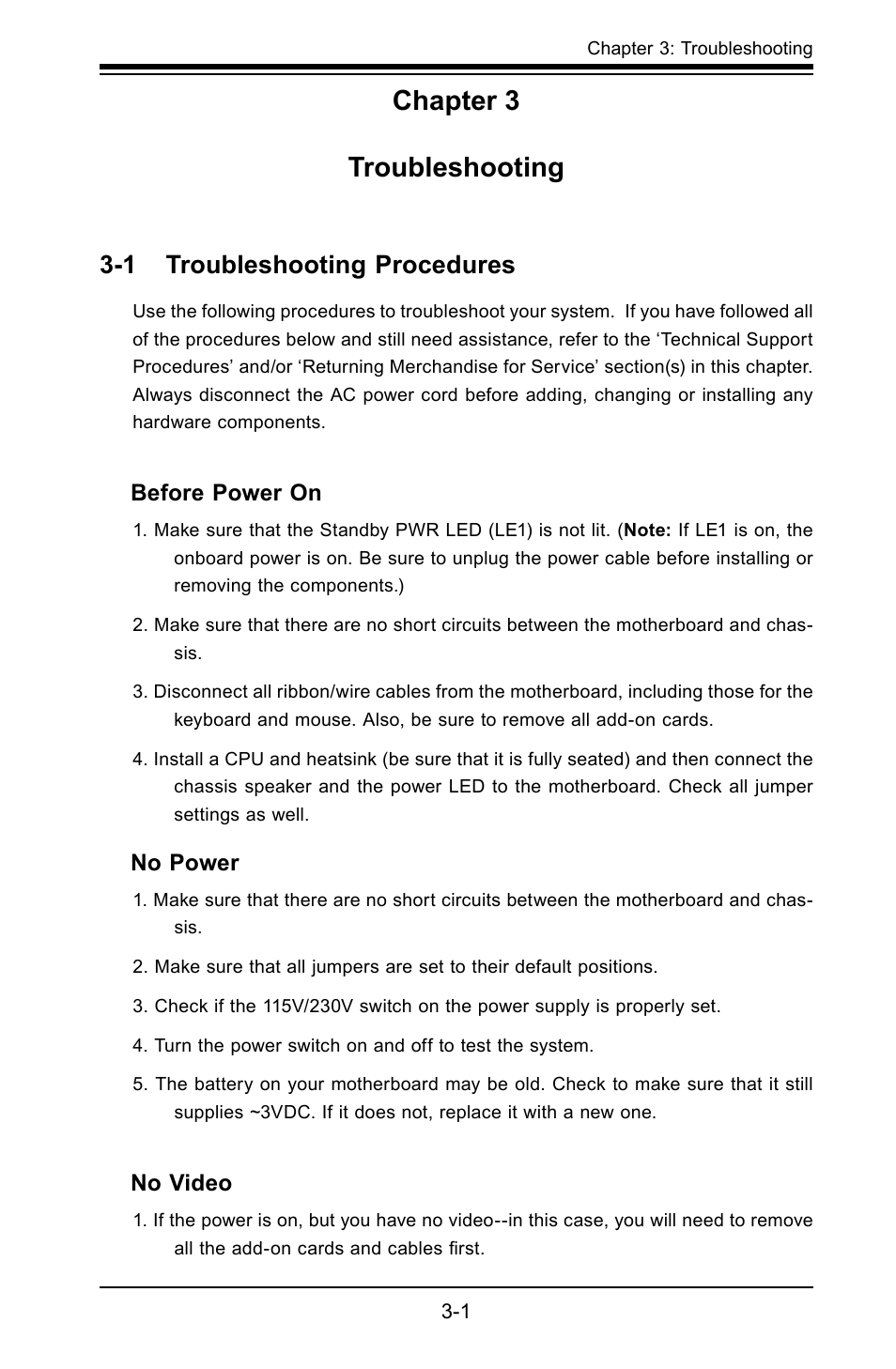 Chapter 3 troubleshooting, 1 troubleshooting procedures | SUPER MICRO Computer X8STI-F User Manual | Page 65 / 109