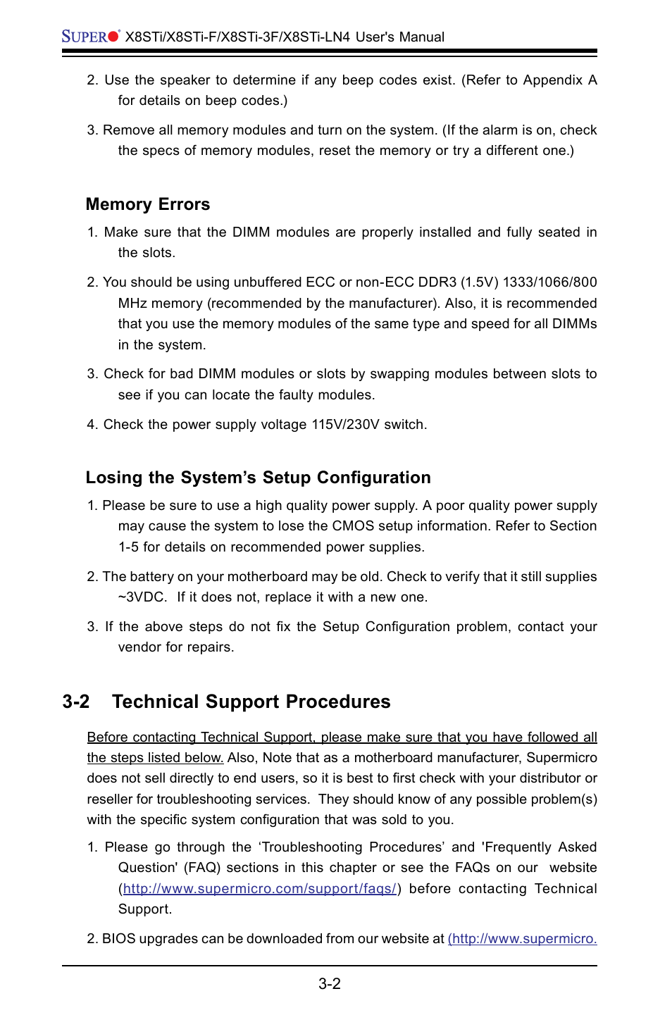 2 technical support procedures, Losing the system’s setup configuration | SUPER MICRO Computer X8STI-F User Manual | Page 66 / 109