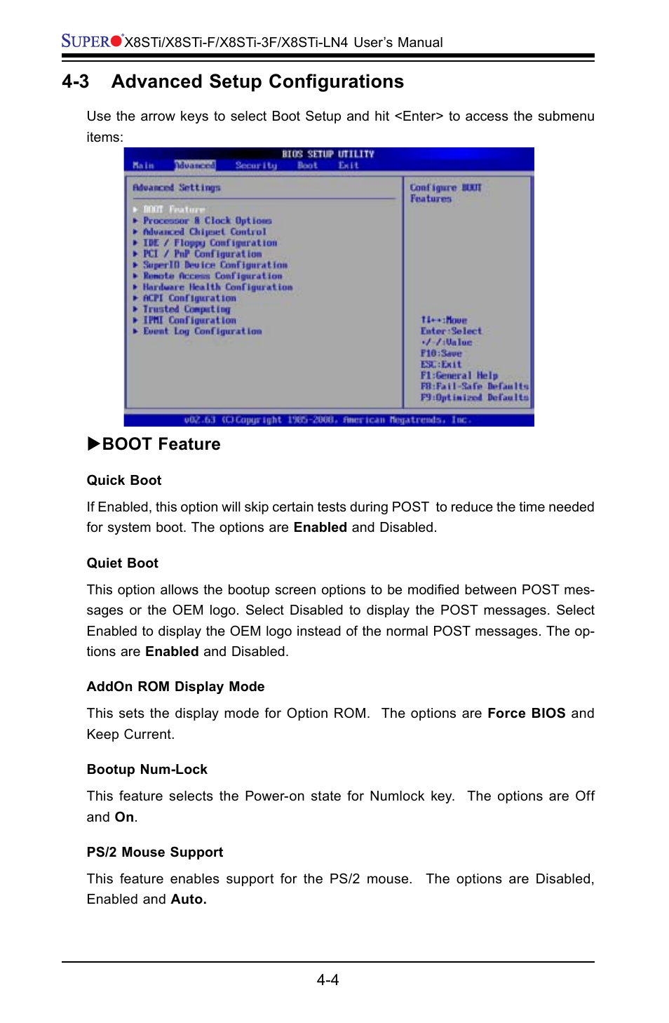 3 advanced setup configurations, Boot feature | SUPER MICRO Computer X8STI-F User Manual | Page 74 / 109