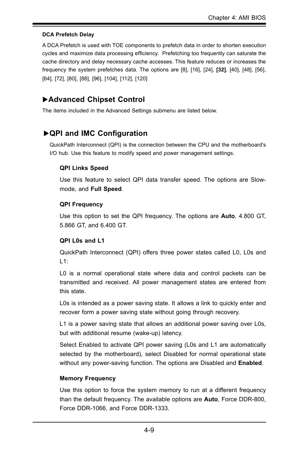 Advanced chipset control, Qpi and imc configuration | SUPER MICRO Computer X8STI-F User Manual | Page 79 / 109