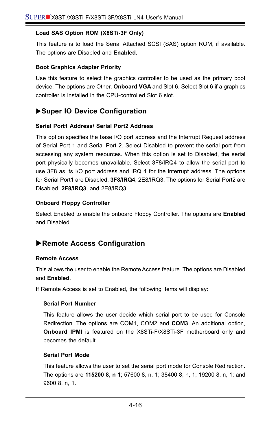 Super io device configuration, Remote access configuration | SUPER MICRO Computer X8STI-F User Manual | Page 86 / 109
