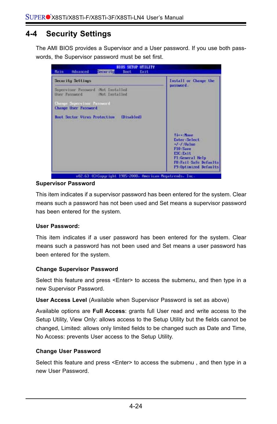 4 security settings | SUPER MICRO Computer X8STI-F User Manual | Page 94 / 109