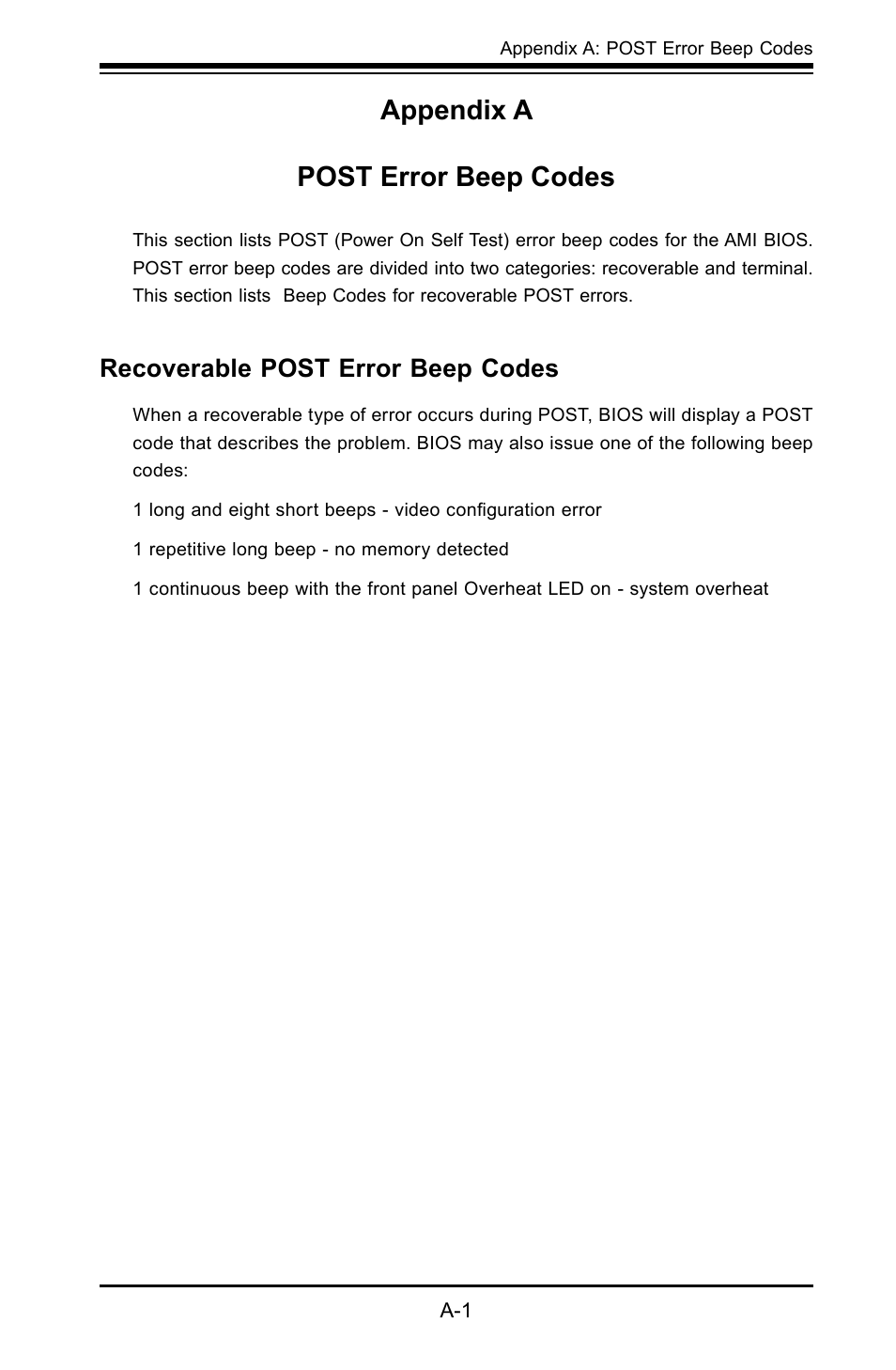 Appendix a post error beep codes, Recoverable post error beep codes | SUPER MICRO Computer X8STI-F User Manual | Page 99 / 109