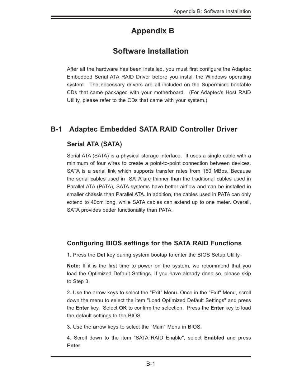 Appendix b software installation, B-1 adaptec embedded sata raid controller driver | SUPER MICRO Computer 6014P-TR User Manual | Page 101 / 124