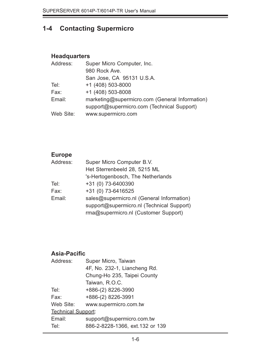 4 contacting supermicro | SUPER MICRO Computer 6014P-TR User Manual | Page 16 / 124