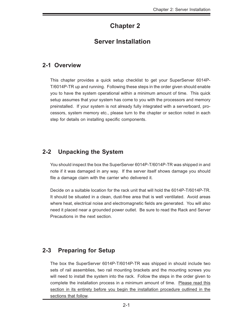 Chapter 2 server installation | SUPER MICRO Computer 6014P-TR User Manual | Page 17 / 124