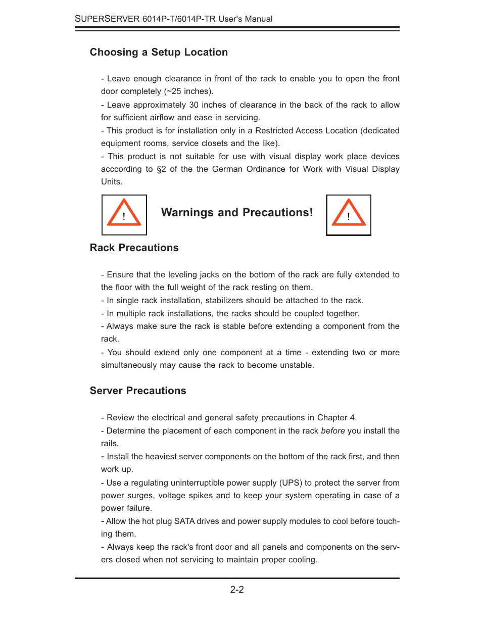 Warnings and precautions | SUPER MICRO Computer 6014P-TR User Manual | Page 18 / 124