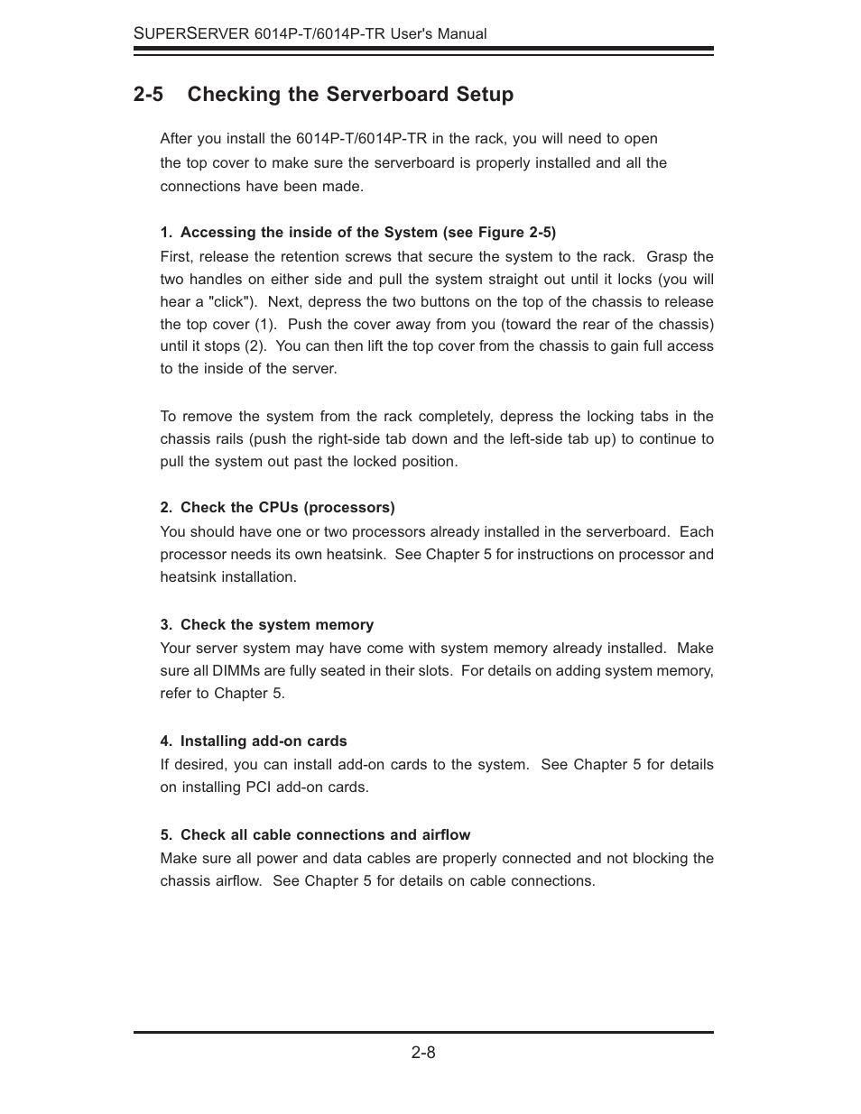 5 checking the serverboard setup | SUPER MICRO Computer 6014P-TR User Manual | Page 24 / 124