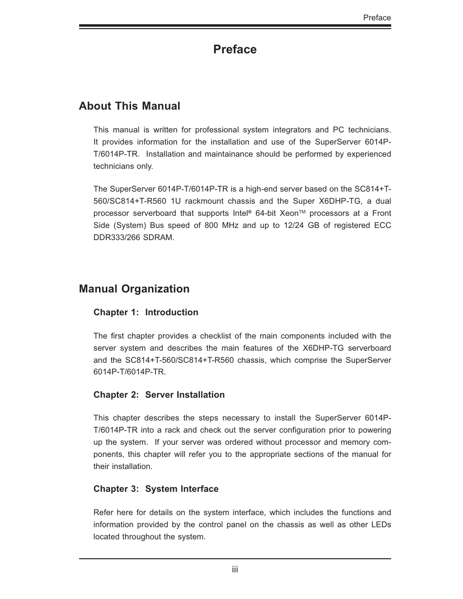 Preface, About this manual, Manual organization | SUPER MICRO Computer 6014P-TR User Manual | Page 3 / 124