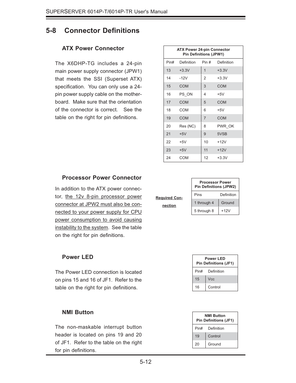 8 connector deﬁ nitions, 12 s, Atx power connector | Processor power connector, Nmi button, Power led | SUPER MICRO Computer 6014P-TR User Manual | Page 46 / 124