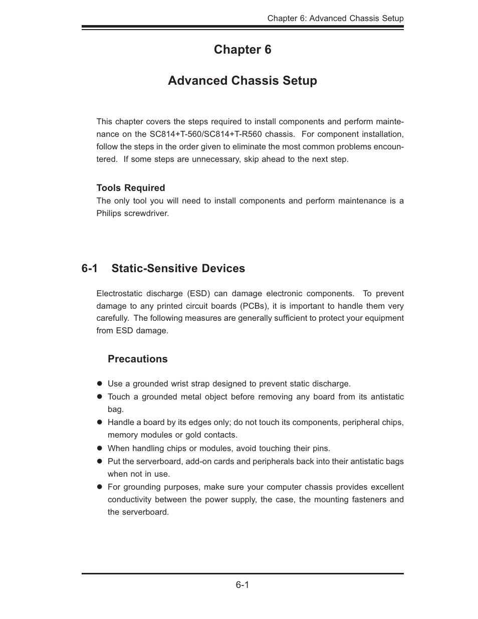 Chapter 6 advanced chassis setup, 1 static-sensitive devices | SUPER MICRO Computer 6014P-TR User Manual | Page 59 / 124