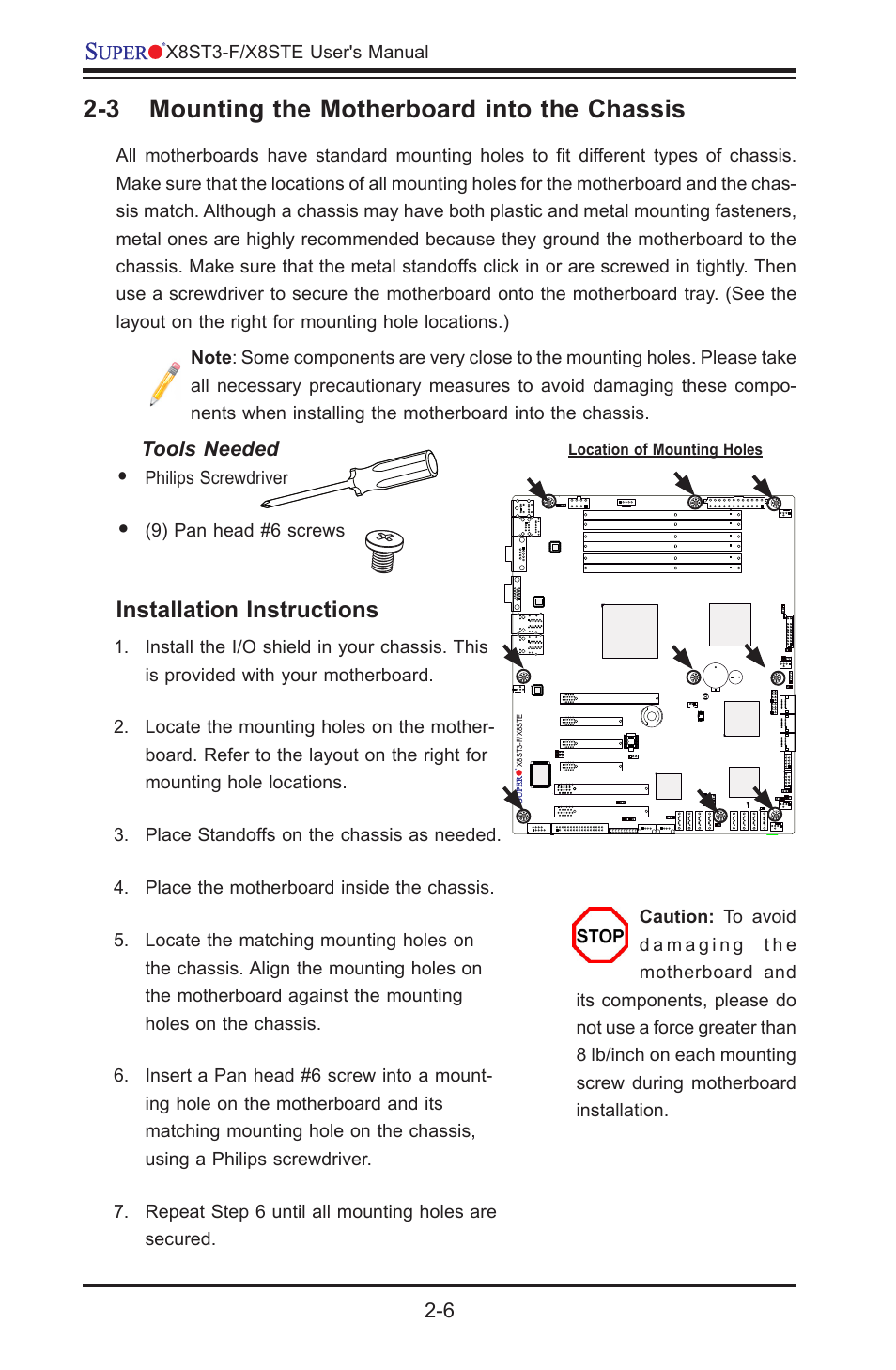 3 mounting the motherboard into the chassis, Installation instructions | SUPER MICRO Computer X8STE User Manual | Page 30 / 103