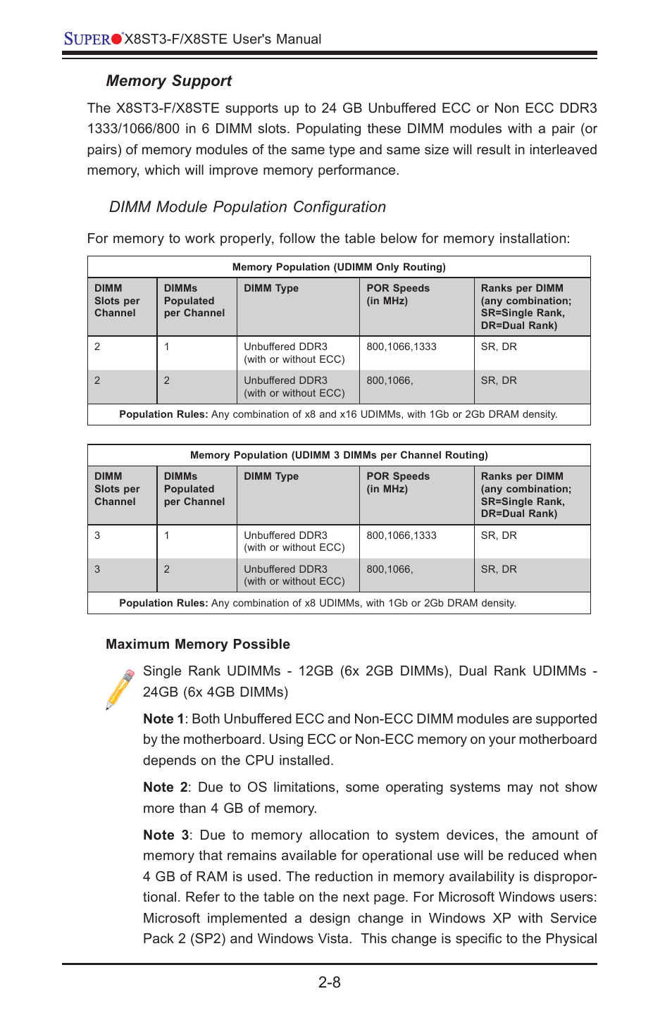 Dimm module population configuration, X8st3-f/x8ste user's manual | SUPER MICRO Computer X8STE User Manual | Page 32 / 103