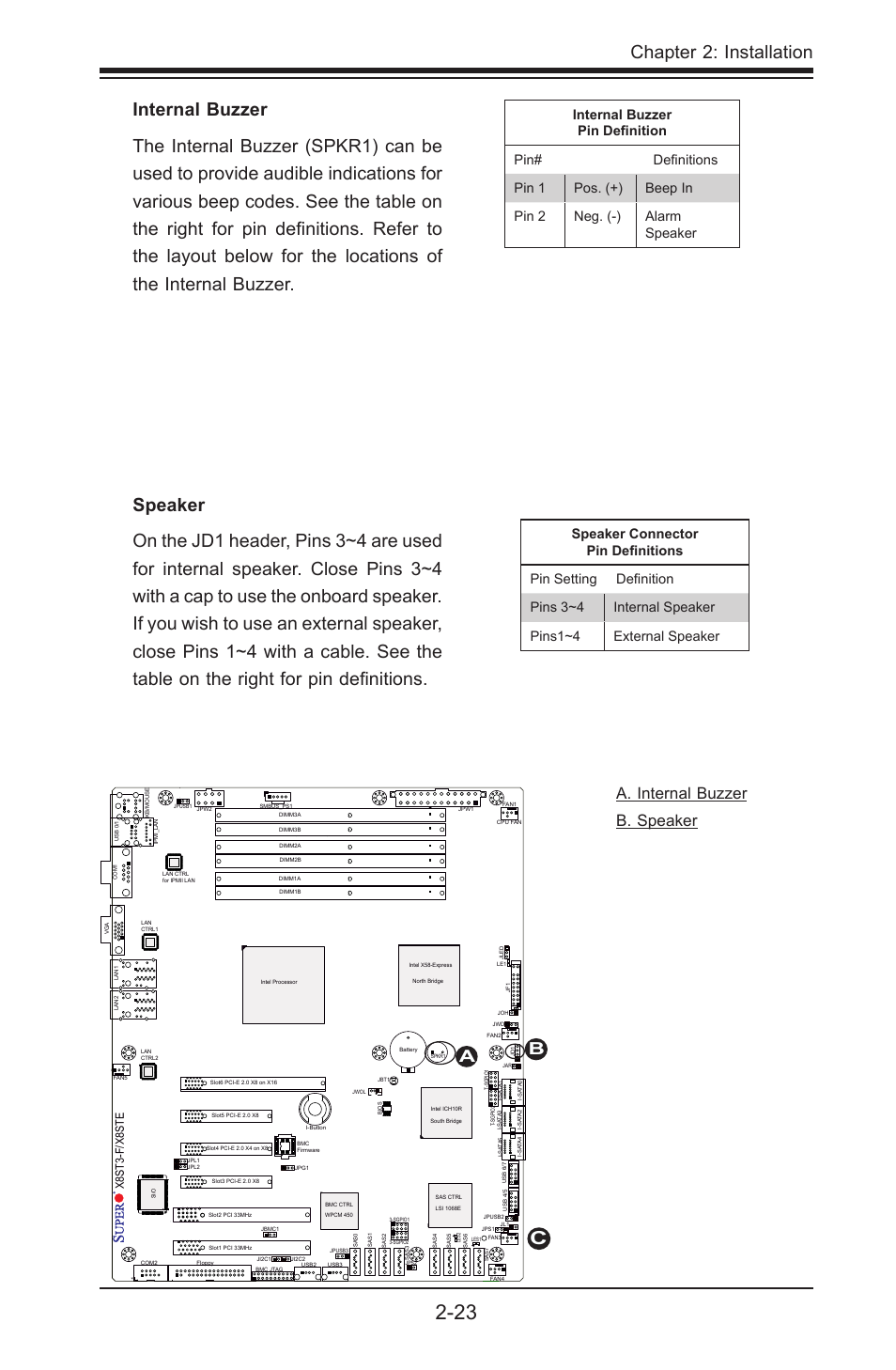 Chapter 2: installation, A. internal buzzer b. speaker, X8st3-f/x8ste | SUPER MICRO Computer X8STE User Manual | Page 47 / 103