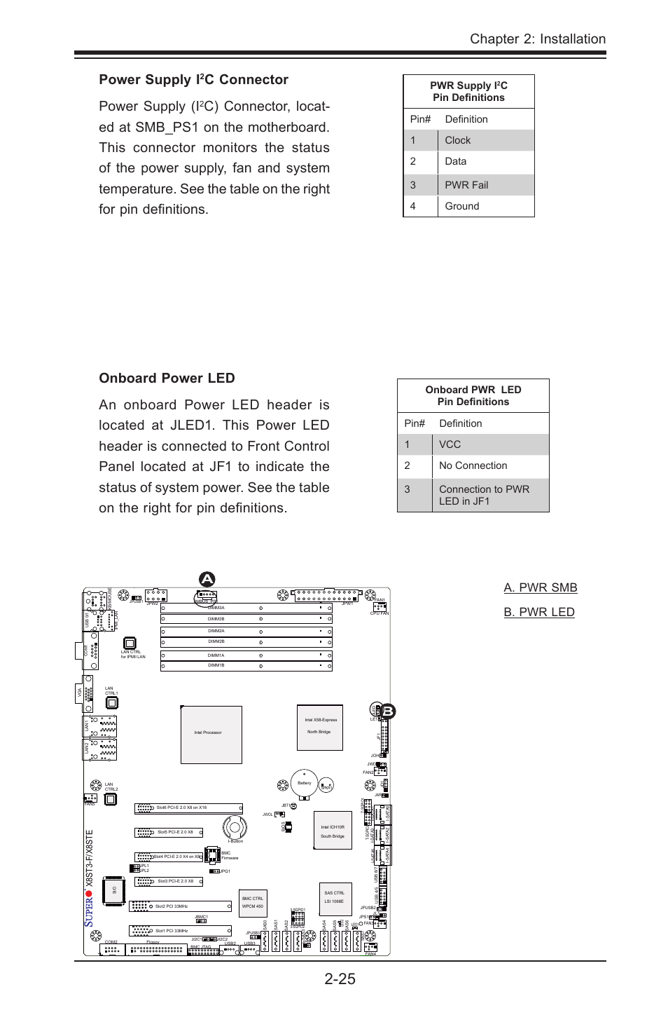 Chapter 2: installation, Power supply i, C connector power supply (i | A. pwr smb b. pwr led, Pwr supply i, X8st3-f/x8ste | SUPER MICRO Computer X8STE User Manual | Page 49 / 103