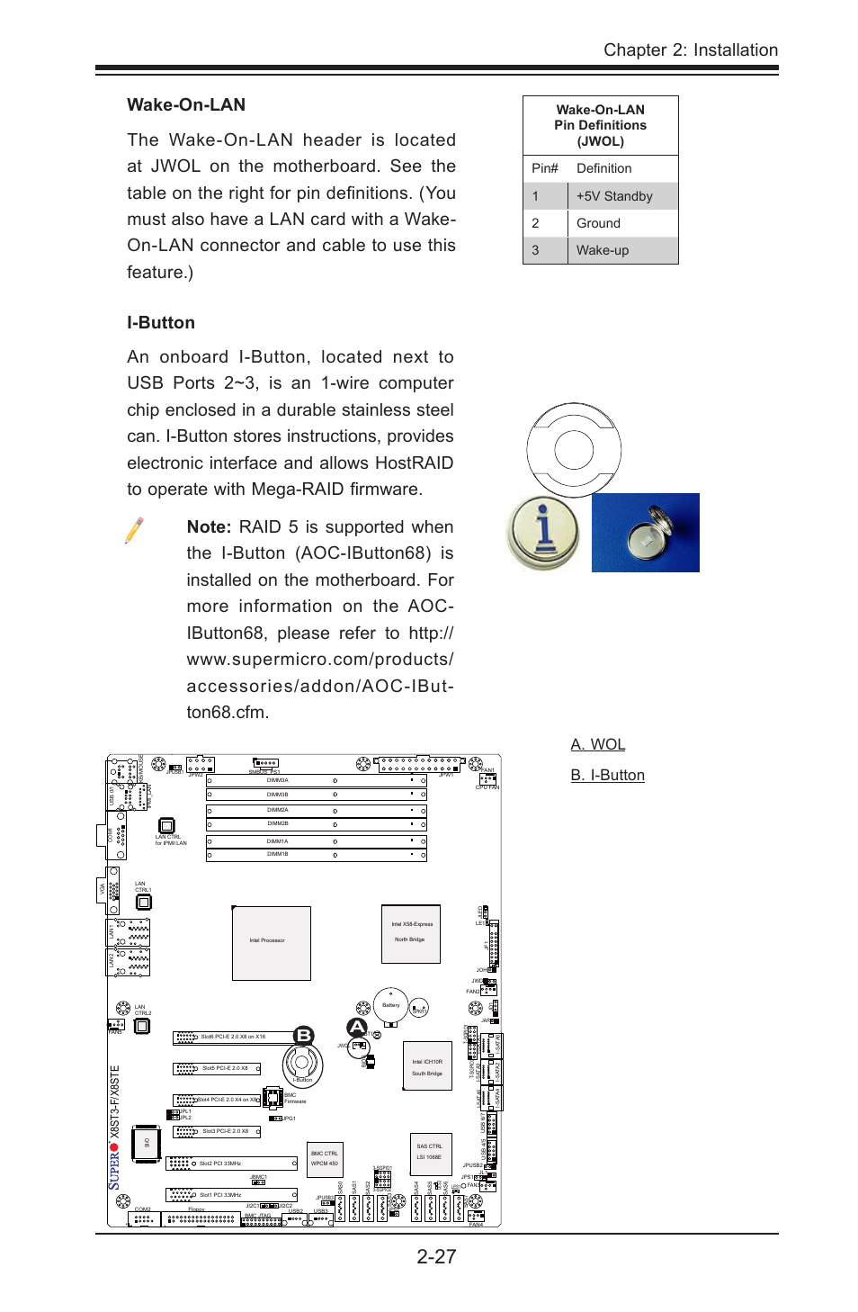 Chapter 2: installation, A. wol b. i-button a b, X8st3-f/x8ste | SUPER MICRO Computer X8STE User Manual | Page 51 / 103