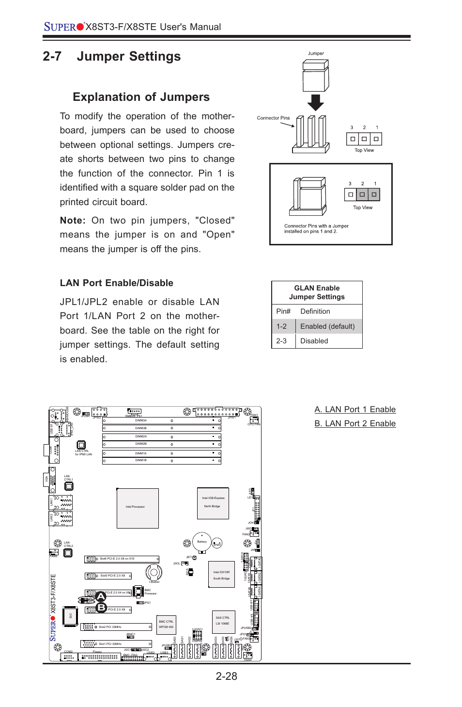 7 jumper settings, Explanation of jumpers, X8st3-f/x8ste user's manual | Aa. lan port 1 enable b. lan port 2 enable, X8st3-f/x8ste | SUPER MICRO Computer X8STE User Manual | Page 52 / 103