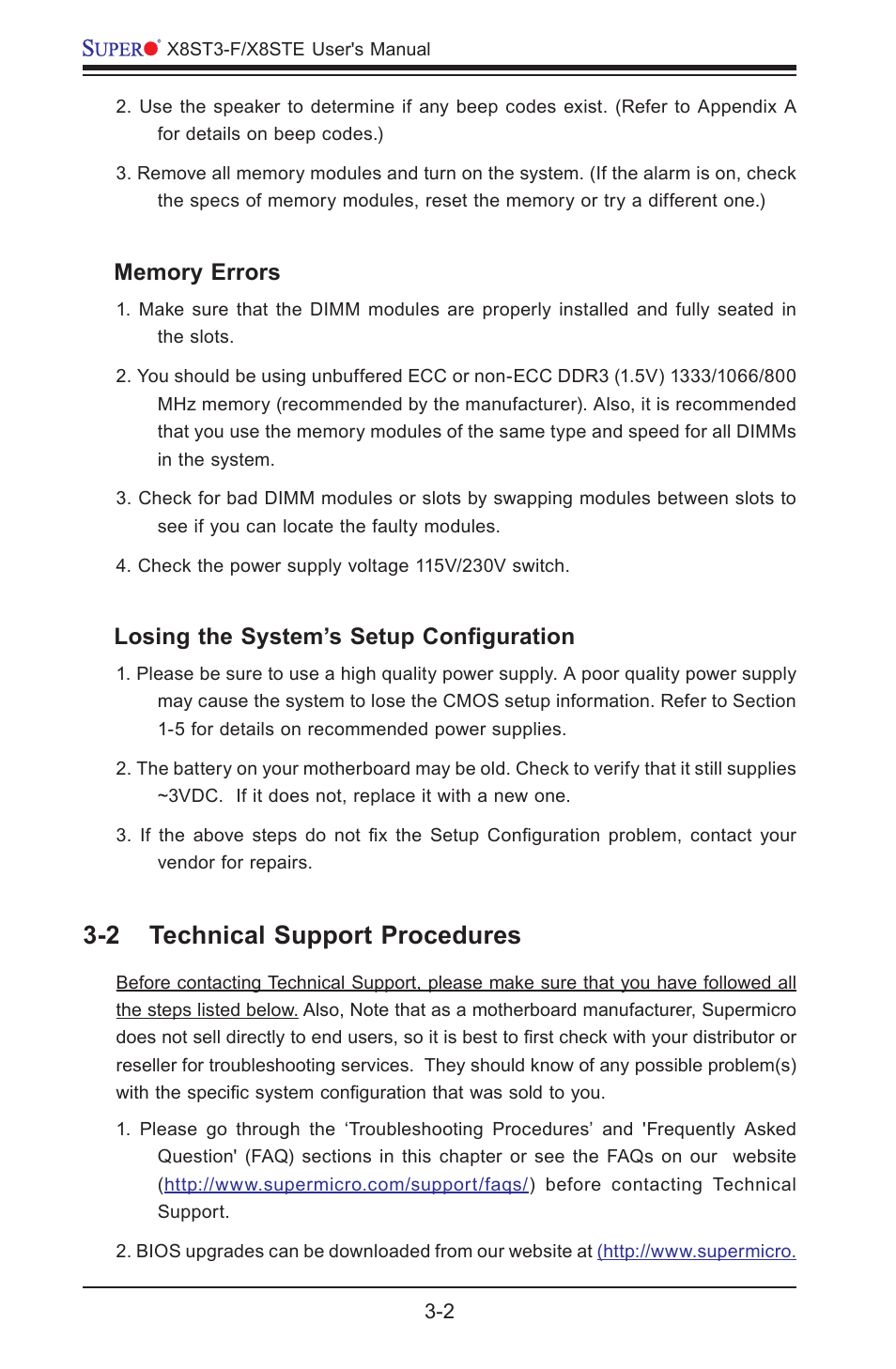 2 technical support procedures, Losing the system’s setup configuration | SUPER MICRO Computer X8STE User Manual | Page 64 / 103