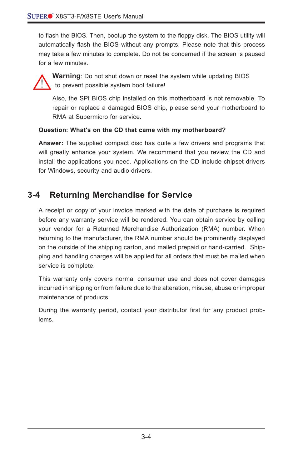 4 returning merchandise for service | SUPER MICRO Computer X8STE User Manual | Page 66 / 103