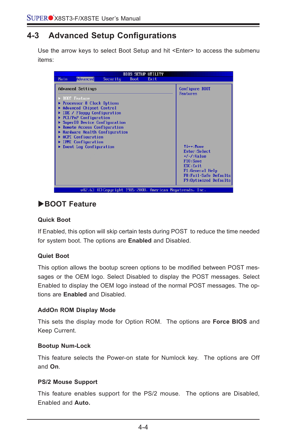 3 advanced setup configurations, Boot feature | SUPER MICRO Computer X8STE User Manual | Page 70 / 103