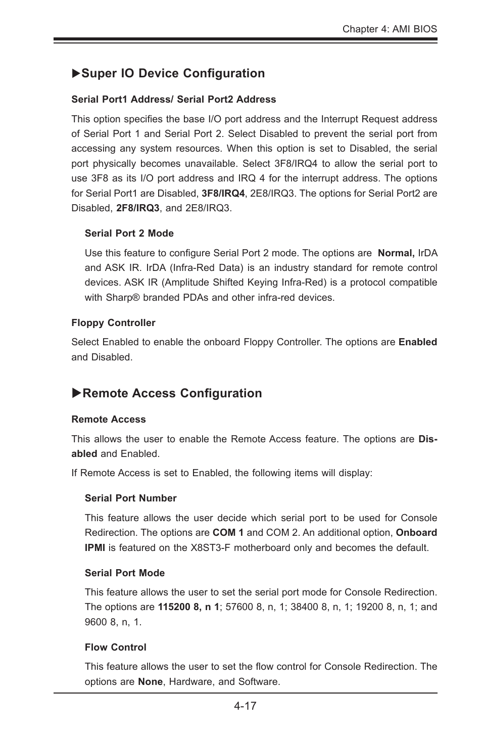 Super io device configuration, Remote access configuration | SUPER MICRO Computer X8STE User Manual | Page 83 / 103