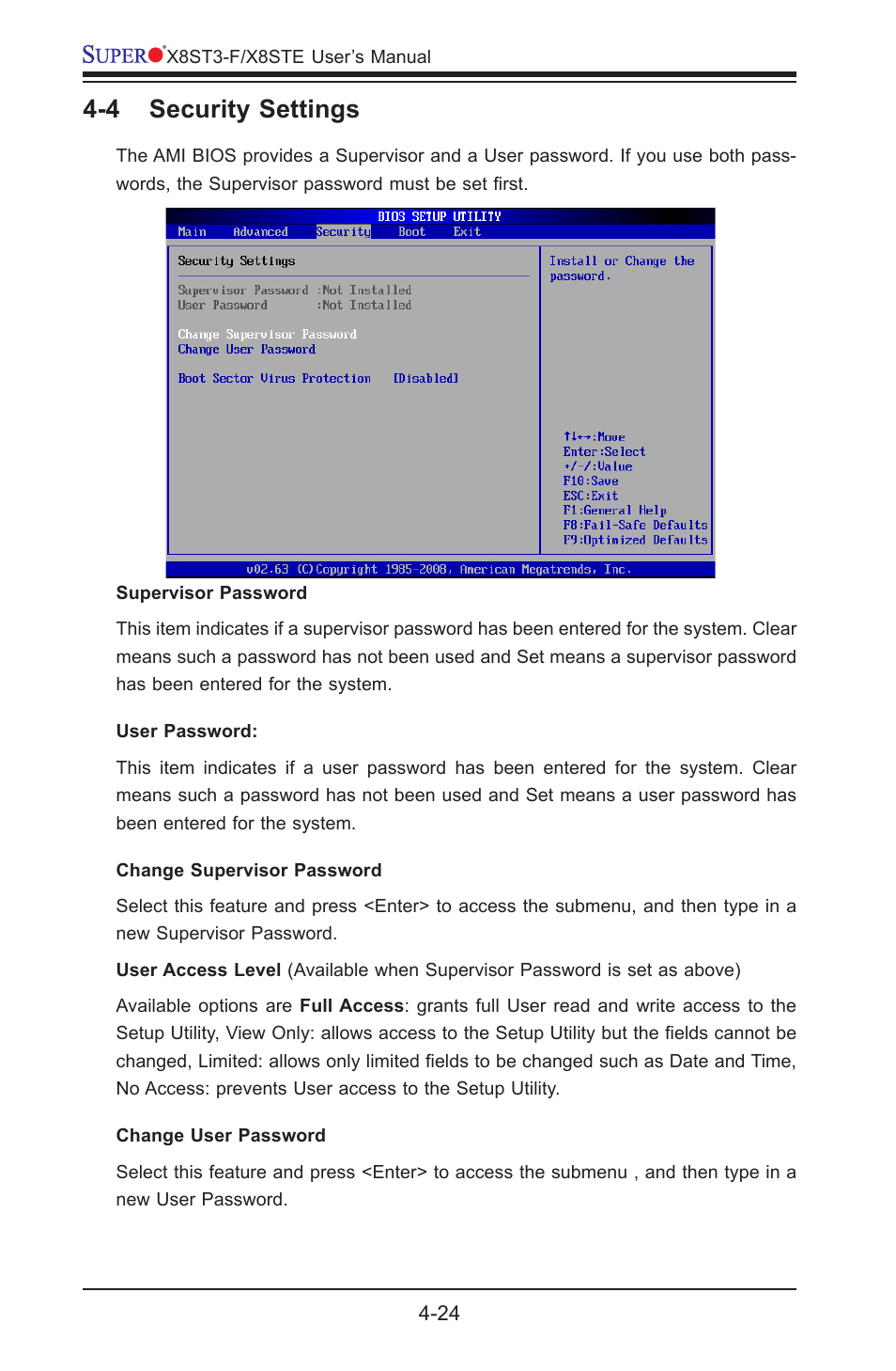 4 security settings | SUPER MICRO Computer X8STE User Manual | Page 90 / 103