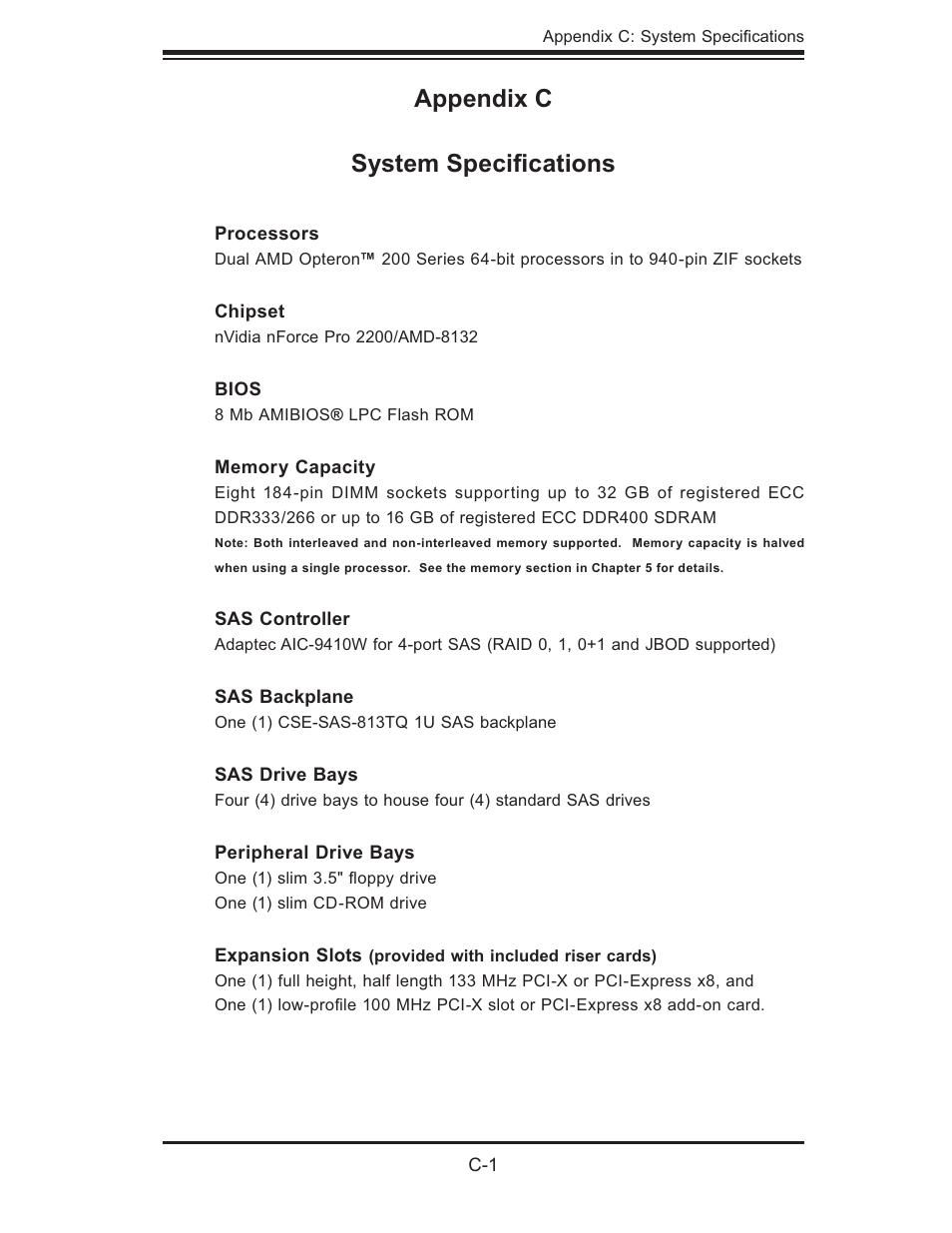 Appendix c system speciﬁ cations | SUPER MICRO Computer Dual Processor AS 1020C-3 User Manual | Page 103 / 106