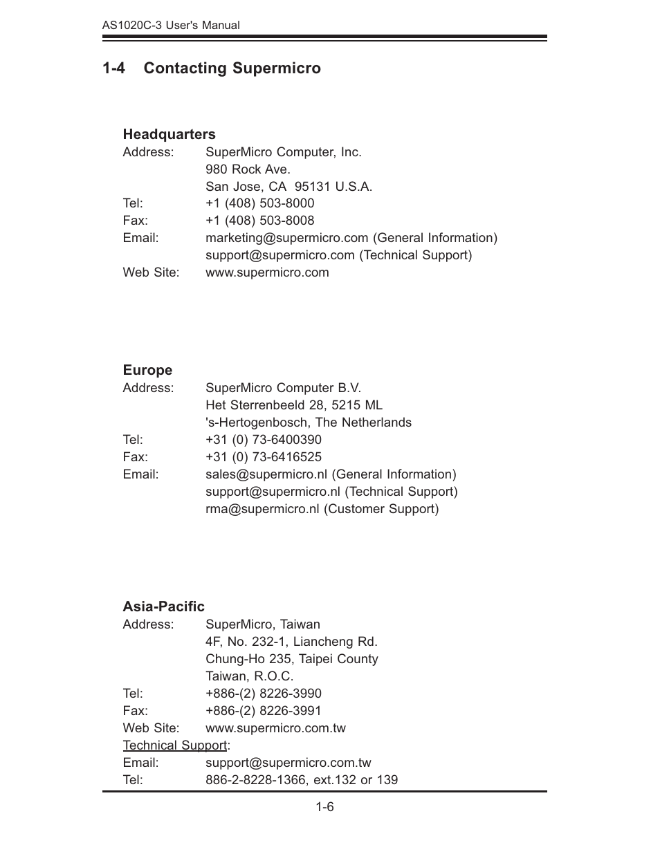 4 contacting supermicro | SUPER MICRO Computer Dual Processor AS 1020C-3 User Manual | Page 16 / 106