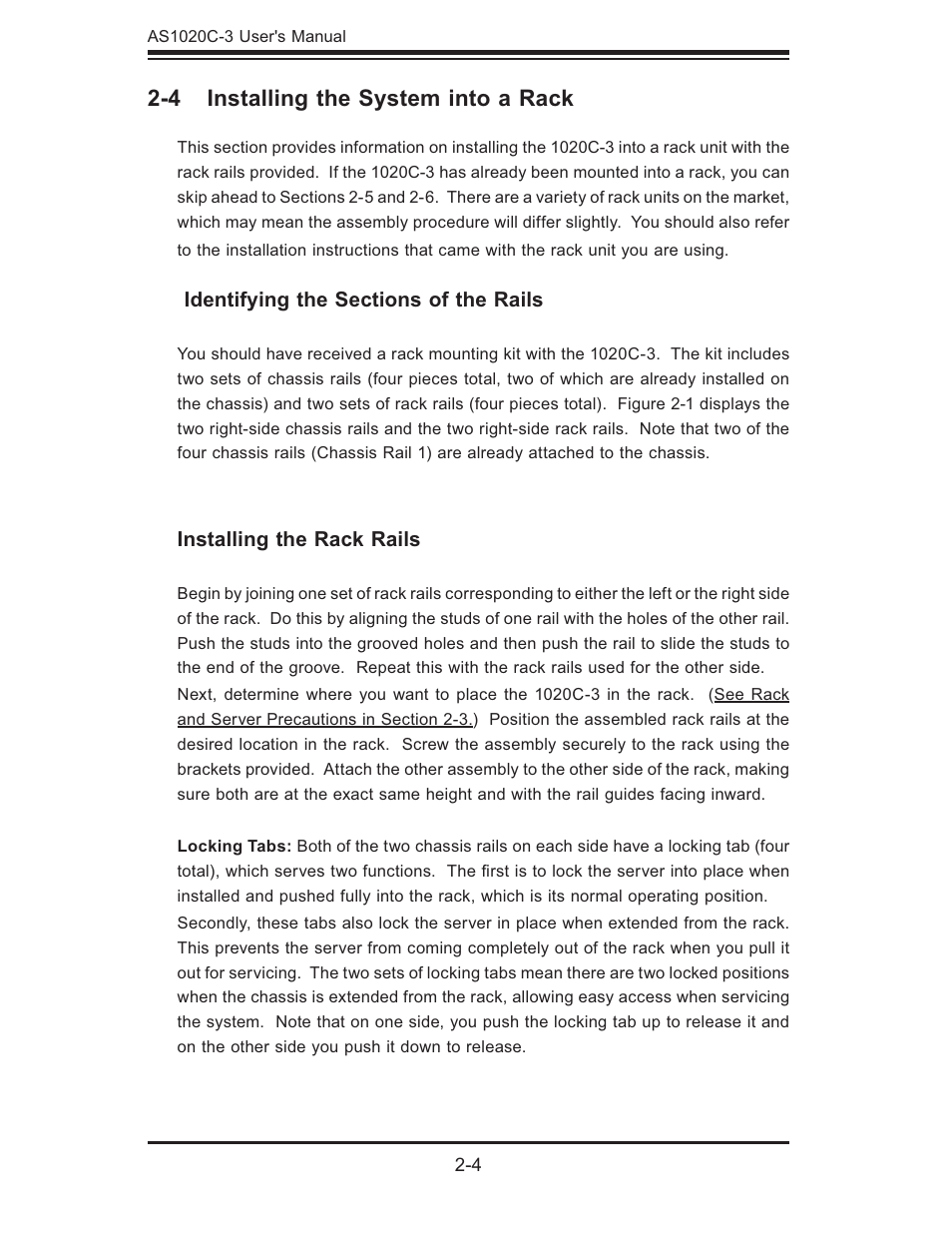 4 installing the system into a rack, Installing the rack rails | SUPER MICRO Computer Dual Processor AS 1020C-3 User Manual | Page 20 / 106