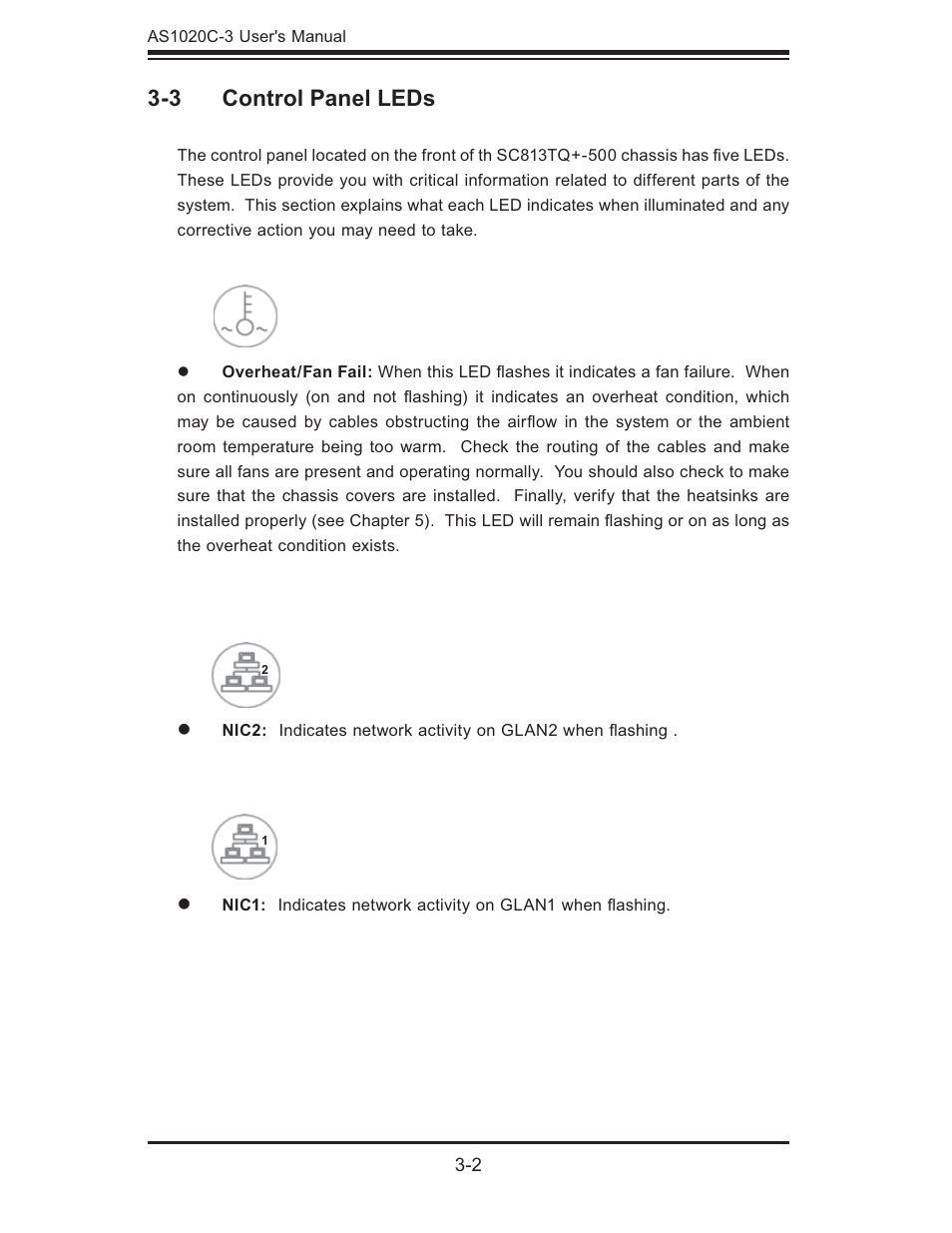 3 control panel leds | SUPER MICRO Computer Dual Processor AS 1020C-3 User Manual | Page 28 / 106