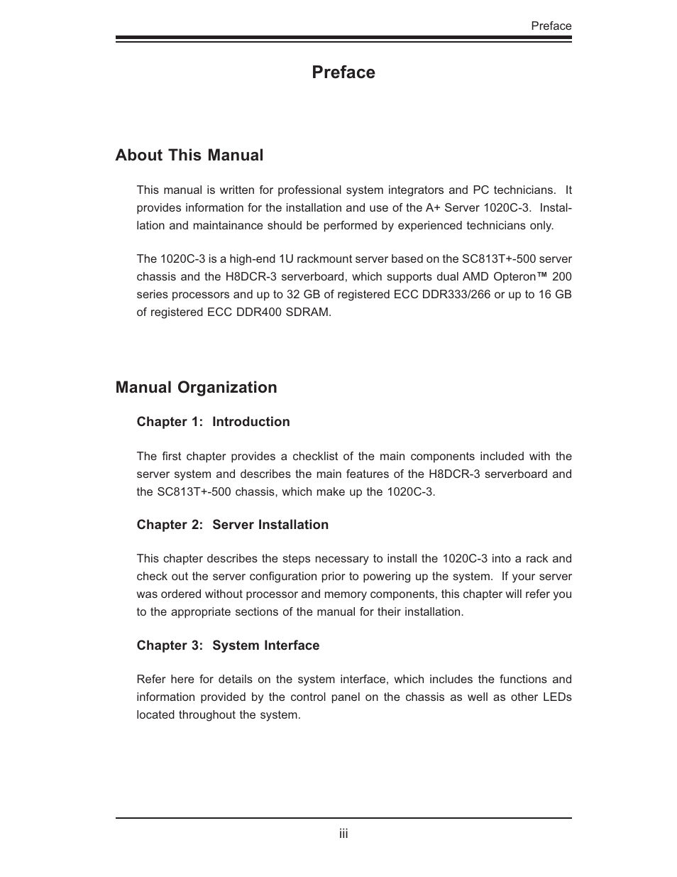 Preface, About this manual, Manual organization | SUPER MICRO Computer Dual Processor AS 1020C-3 User Manual | Page 3 / 106