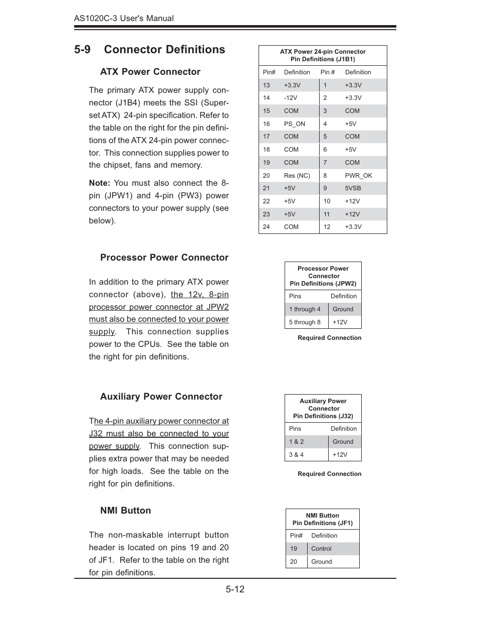 9 connector deﬁ nitions, Atx power connector, Processor power connector | Auxiliary power connector, Nmi button | SUPER MICRO Computer Dual Processor AS 1020C-3 User Manual | Page 46 / 106