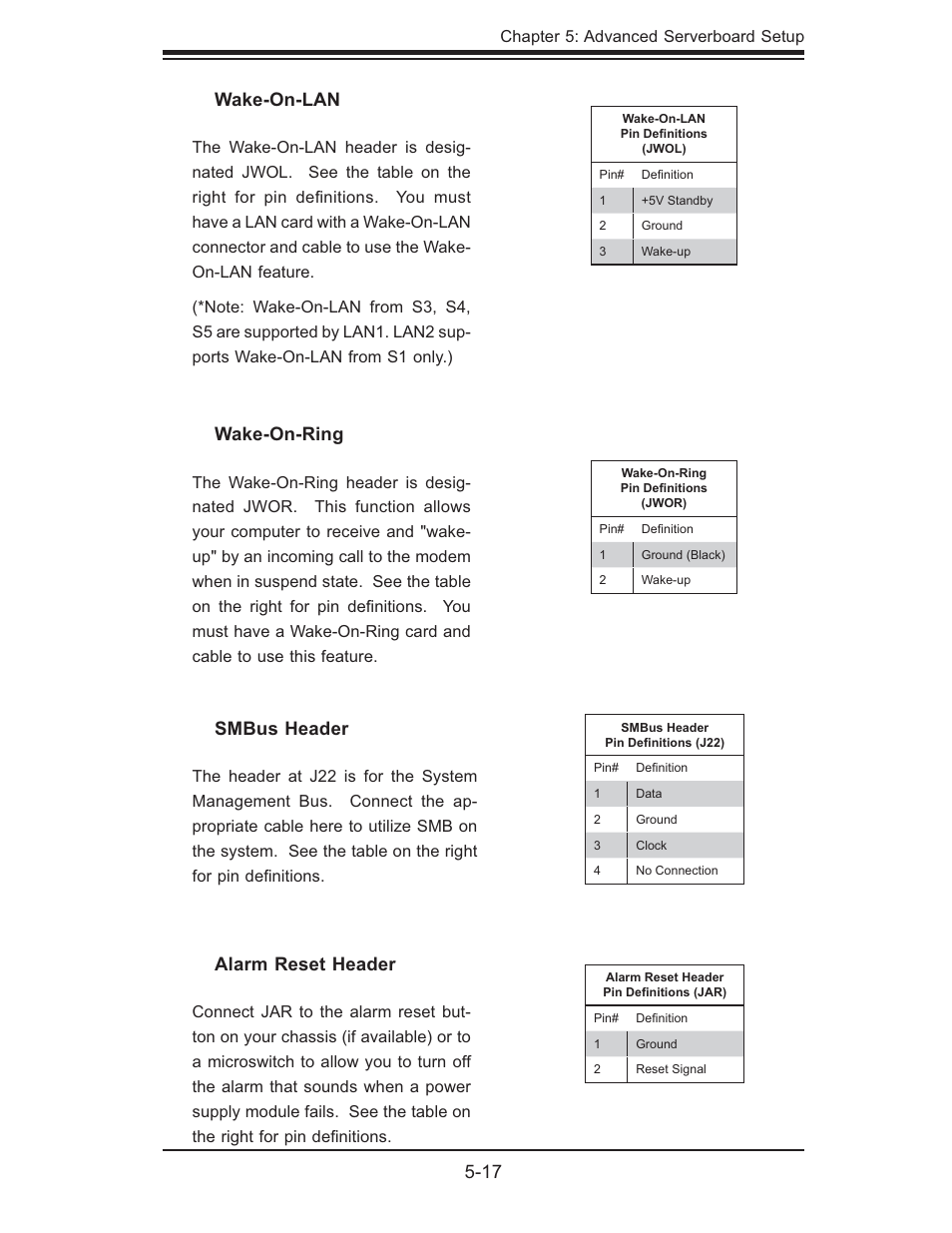 17 wake-on-lan, Wake-on-ring, Smbus header | Alarm reset header | SUPER MICRO Computer Dual Processor AS 1020C-3 User Manual | Page 51 / 106